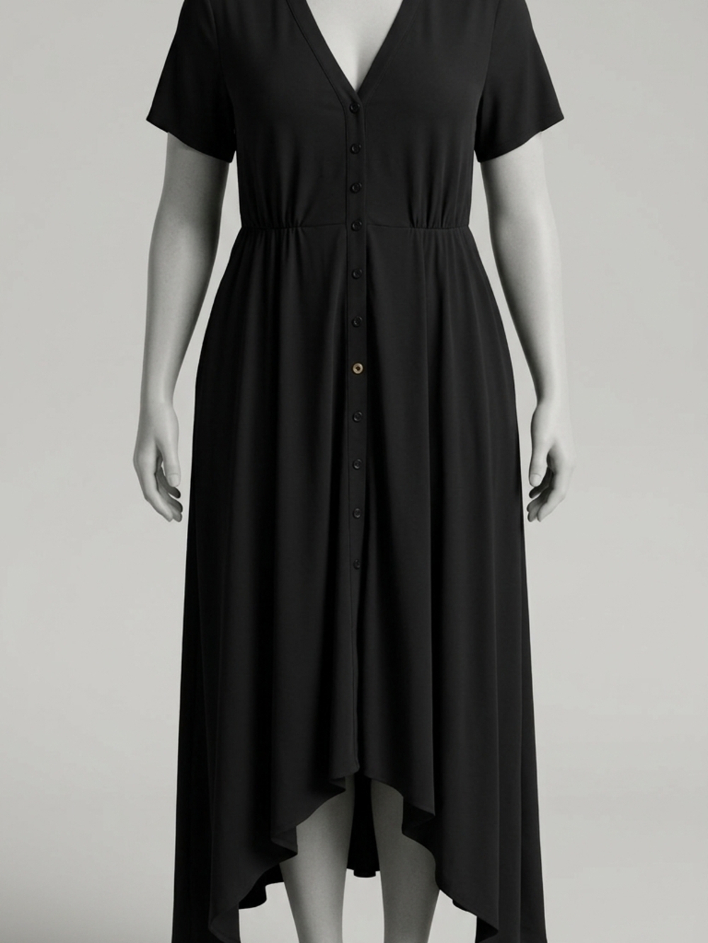 Button-Front Black High-Low Dress with V-Neck